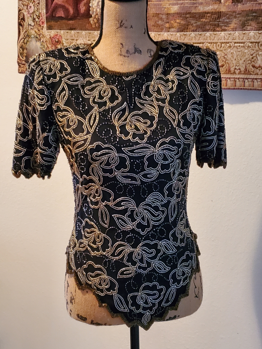 Lawrence Kazar Beaded Silk Top PS Black Gold
